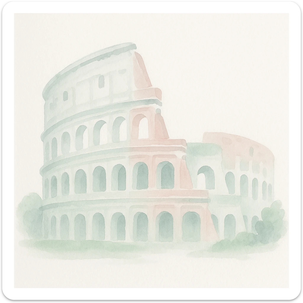 Colosseum in watercolor style with white, green, and pink pastel tones sticker