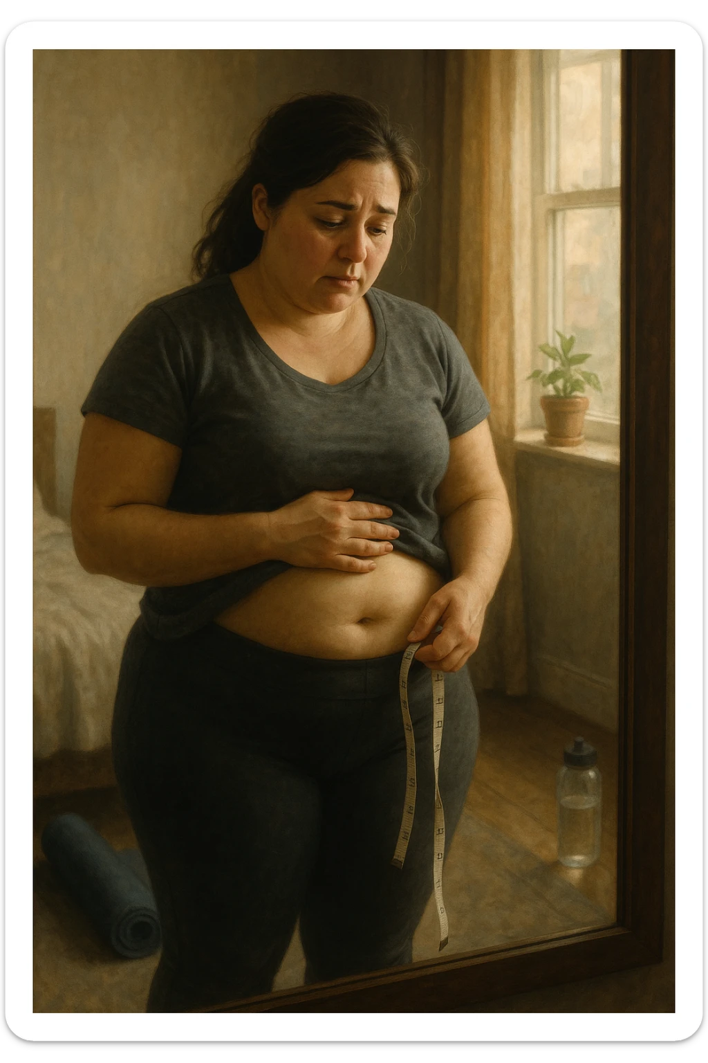 A realistic, cinematic illustration of a woman in her early 30s with a slightly rounded body shape, standing in front of a mirror in a softly lit bedroom, looking at her reflection with a thoughtful, slightly discouraged expression. She is wearing comfortable home workout clothes, holding a tape measure in one hand loosely, while her other hand gently touches her belly area, showing her frustration with slow weight loss progress. The room is cozy, with natural light filtering in, a yoga mat rolled up in the corner, a water bottle, and a small plant on the windowsill. The scene captures the emotional struggle and quiet determination of a woman facing difficulties in losing weight despite her efforts, with warmth and dignity. sticker
