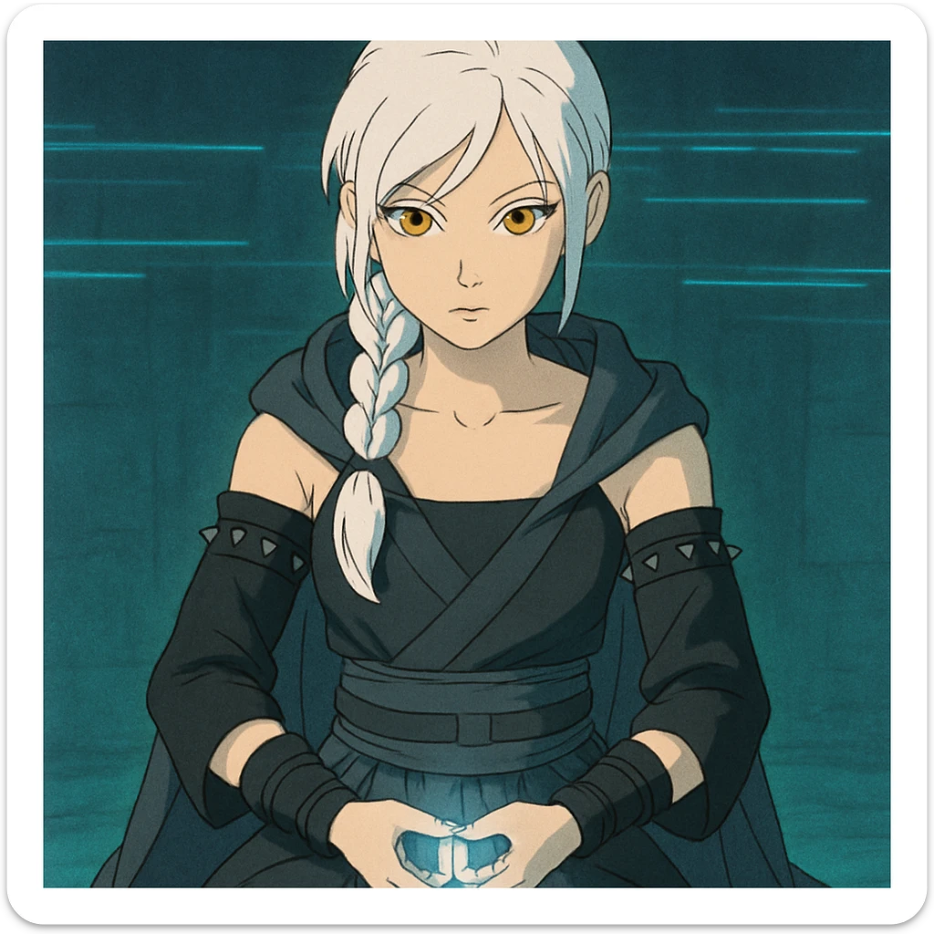  a closeup portrait of young woman with gold yellow eyes, white hair, long braid, black off-shoulder top, punk gothic style, futuristic cyberwave cyberpunk,  jedi attire, kneeling and gathering chi, jedi meditate sticker