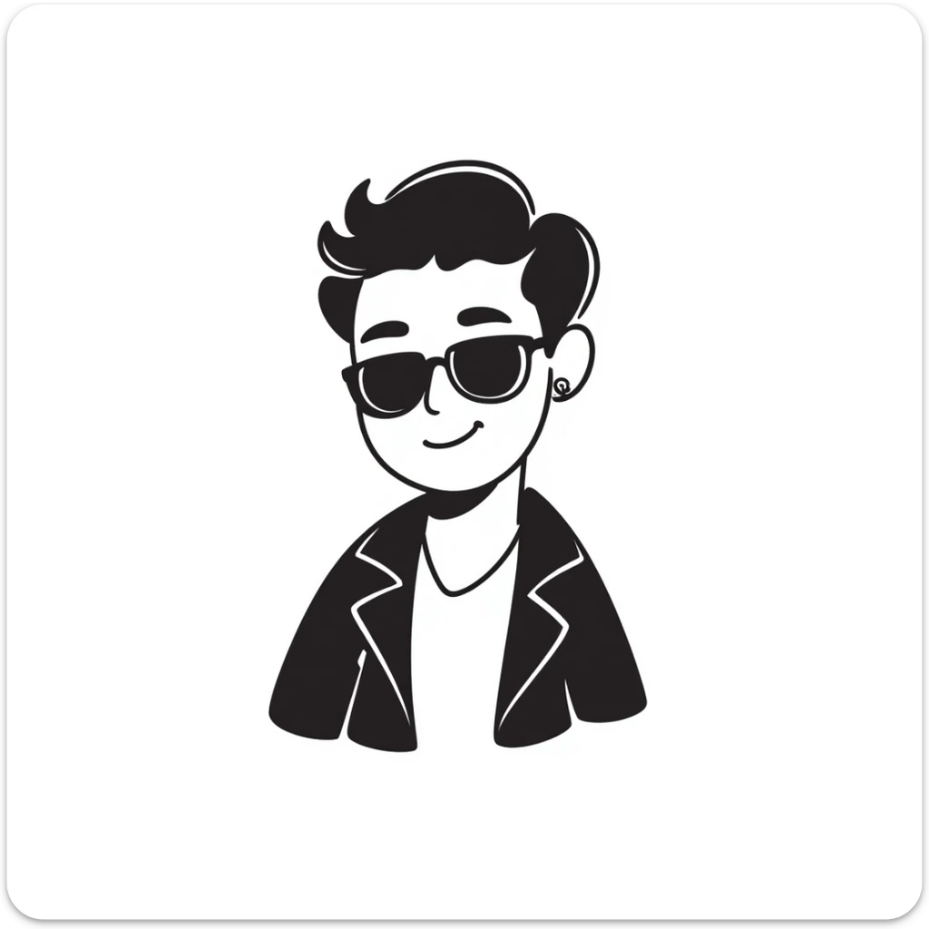 A 30-year-old Latino male musician with a piercing in one ear, wearing sunglasses, with a fashionable short hairstyle styled up and to one side, smiling confidently and wearing a jacket, shrugging his shoulders with a carefree attitude sticker