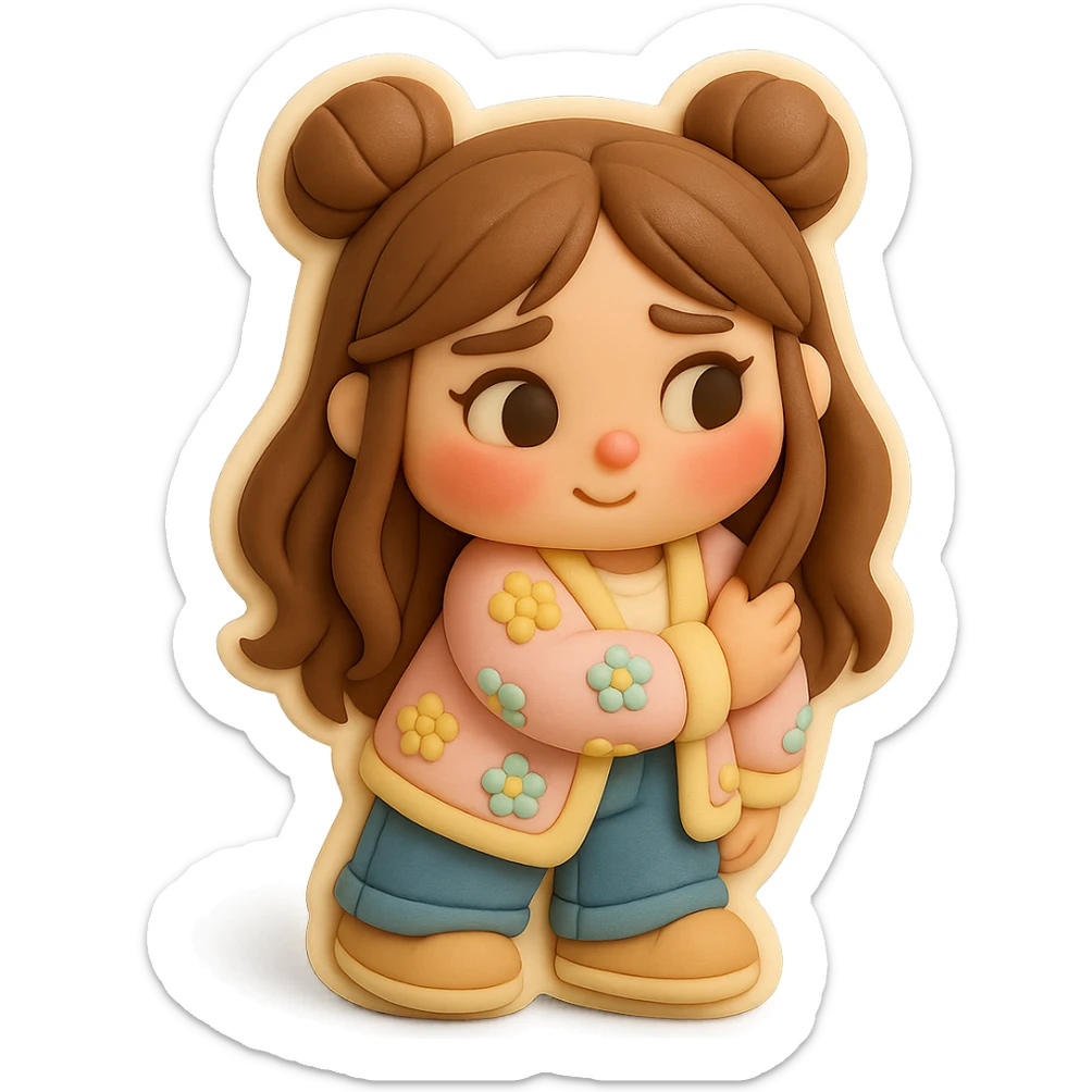 3D chibi fondant cake art style, high-quality rendering with smooth shadows and soft gradients. Girl based on reference image preserving facial features and eye shape exactly as in the reference. Long brown hair in two space buns, brown eyes, jeans, pastel floral cardigan, shoes. Thick white outline like a sticker, transparent background. Standing shyly, blushing with red cheeks and nose. Ensure the face, hairstyle, eye shape, and shoes match the reference exactly. sticker