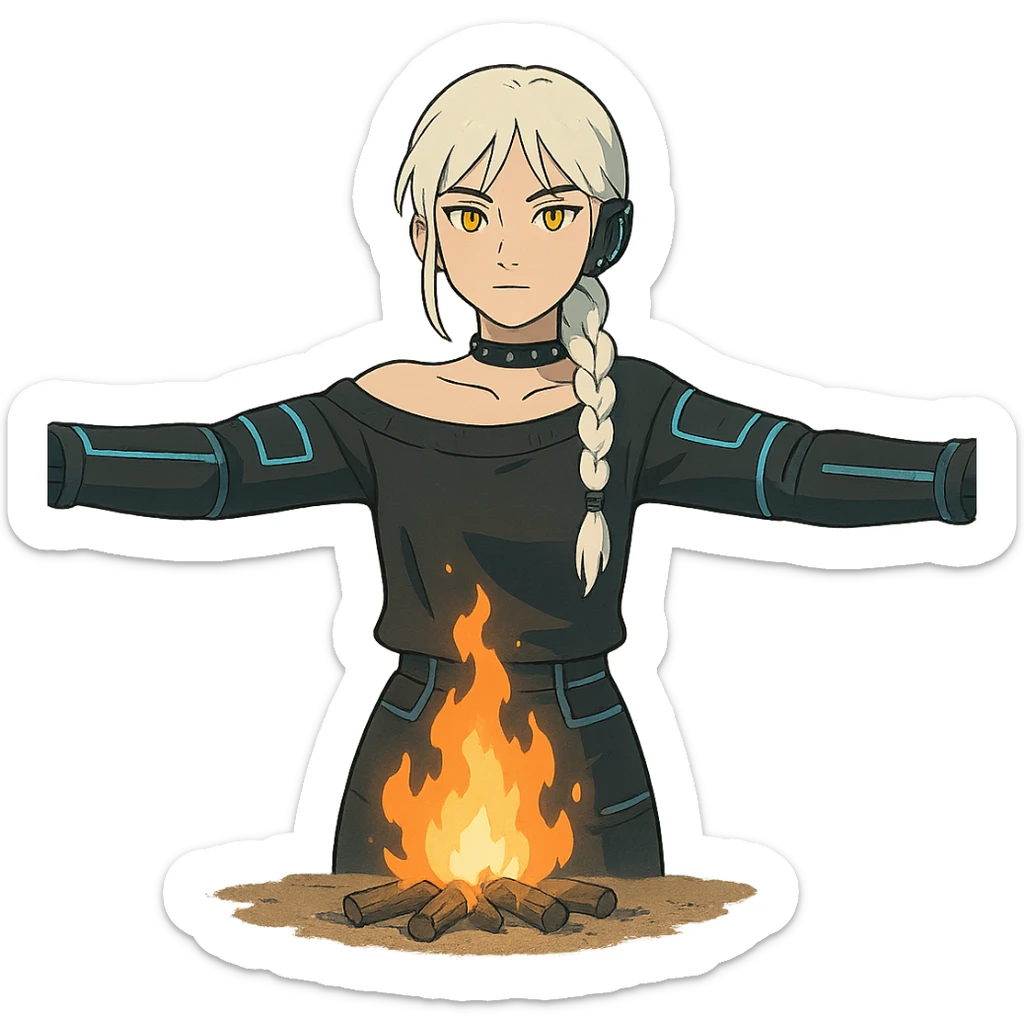  young woman with gold yellow eyes, white hair, long braid, black off-shoulder top, punk gothic style, futuristic cyberwave cyberpunk,, she is calmly t-posing , there is a small bonfire in front of her sticker