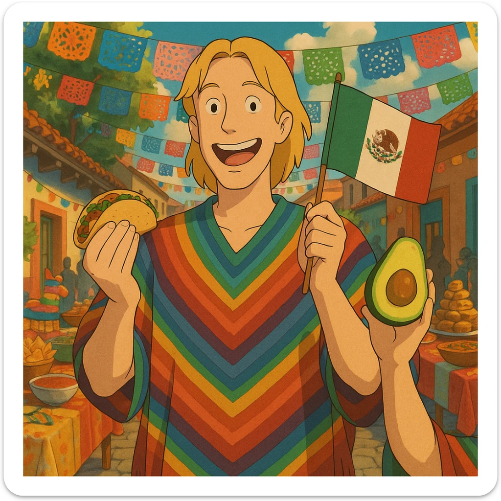 cartoon of a tall blonde American in a colorful poncho, smiling, holding a taco and avocado, waving a Mexico flag, festive street party background with food and decorations sticker