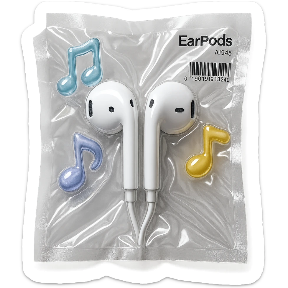 pair of white EarPods with three floating glass music notes in pastel colors, shiny and puffy, vacuum-sealed style sticker