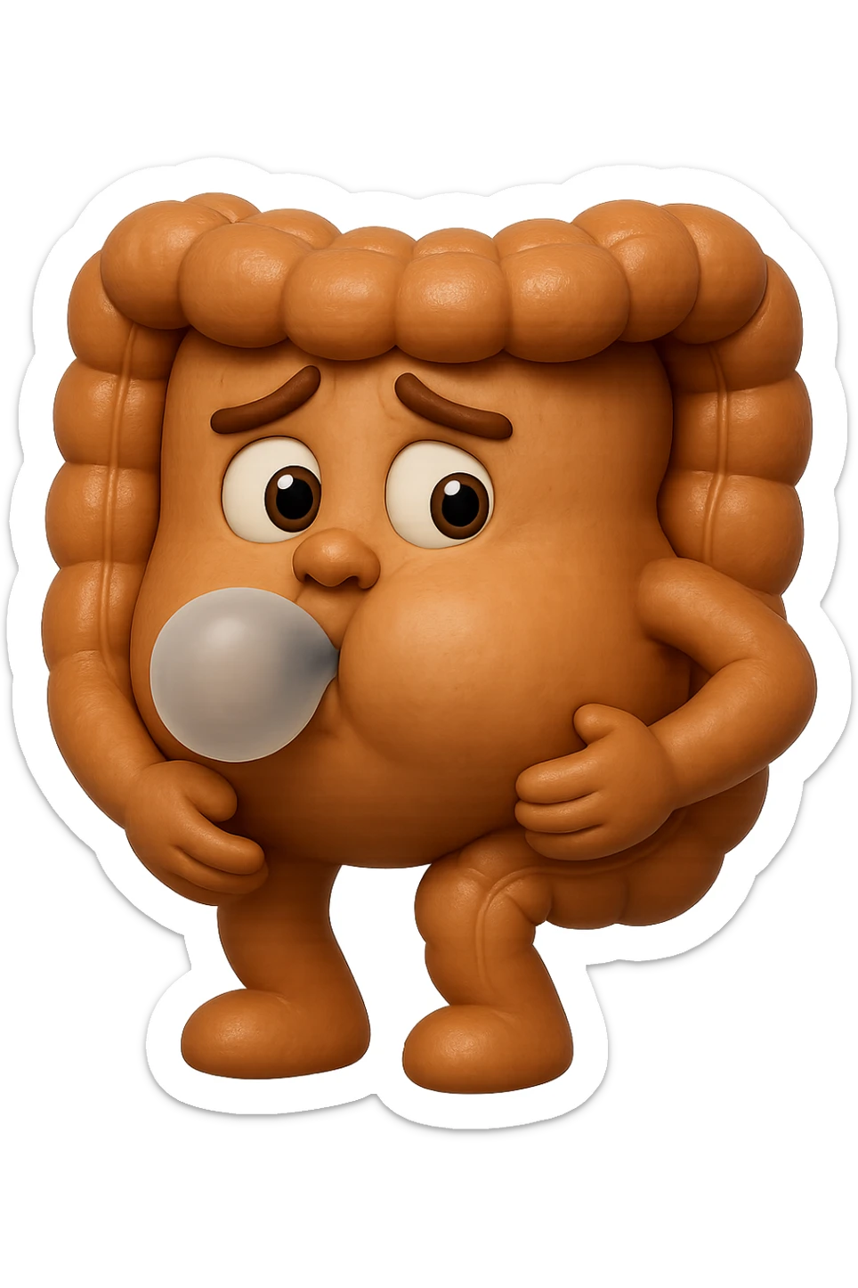 emoji stile iphone di un intestino che ingoia una nuvoletta di aria ben visibile e gli si gonfia la pancia, iperrealistico 4k sticker