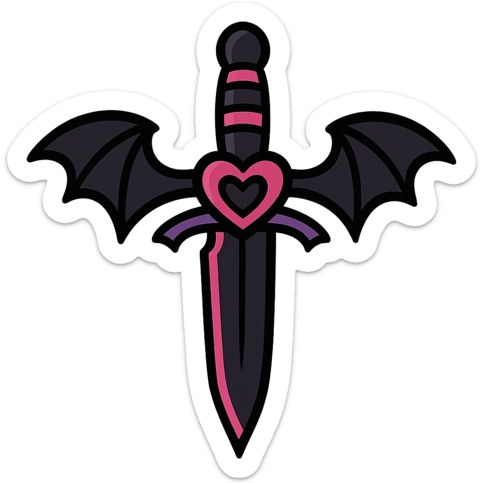 gothic knife, black and pink, with bat wings and heart motif, vibrant toon style sticker