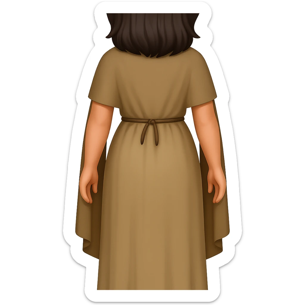 Fullbody backview of Mary Magdalene with dark hair, wearing a plain light tan dress and a dark tan cape from the reference image, brown sandals, in classic emoji style with transparent background. sticker