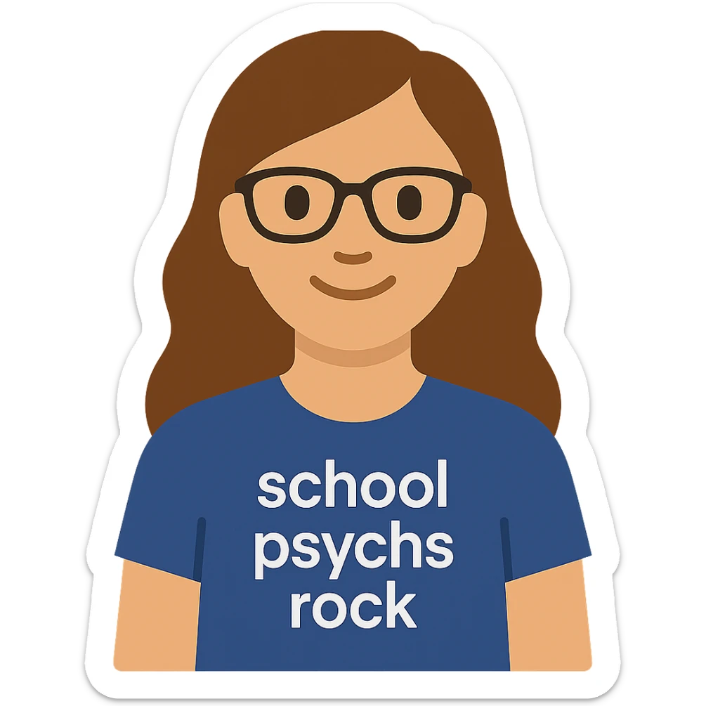 Create a flat color icon of this person wearing a t-shirt with 'school psychs rock' written on it. The style should have clean lines, be minimalistic, and have a professional icon look. sticker