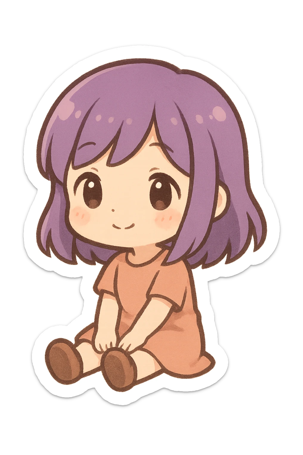 chibi girl with purple hair, sitting, cute chibi stickers illustration style sticker