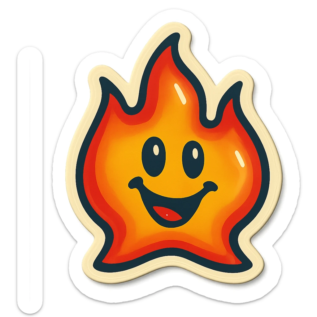 retro sticker style flame with a star-shaped outline, bold contours, juicy colors, shiny highlights, playful and energetic fire sticker