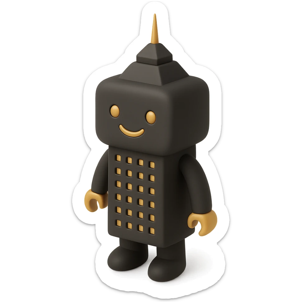 a smiling robot with a skyscraper-like body sticker
