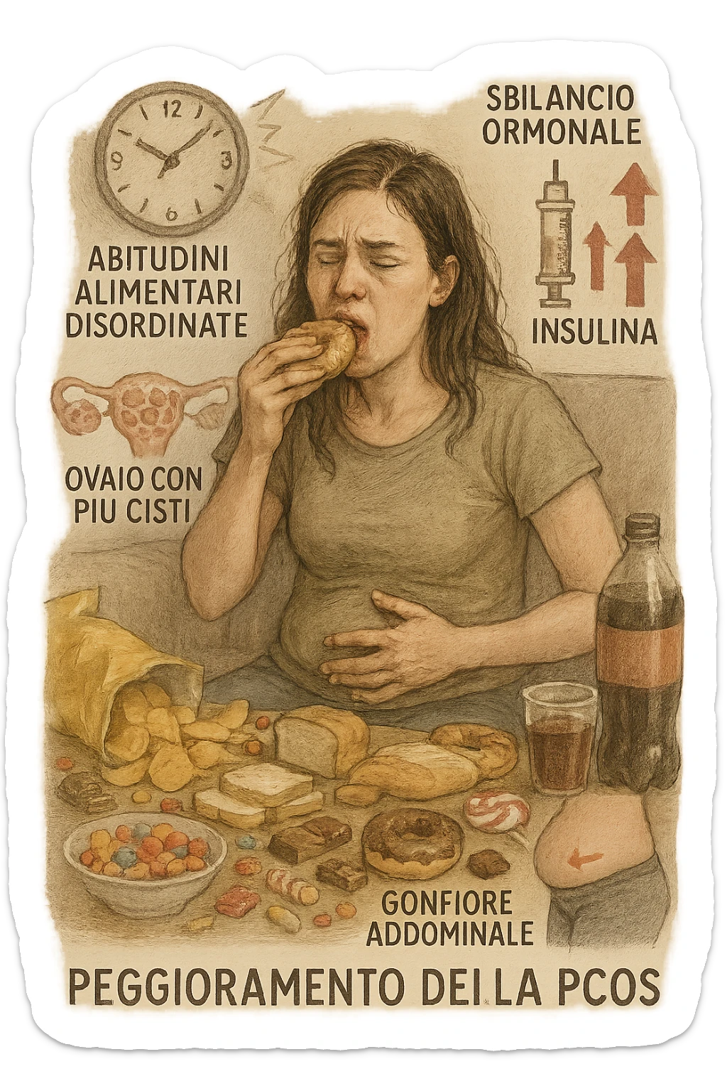 Donna tra i 25 e i 35 anni seduta sul divano o a un tavolo disordinato, circondata da cibi sparsi e poco sani: patatine, dolci, pane bianco, snack confezionati, bibite. Mangiando di fretta, ha un’espressione stanca e frustrata. Intorno a lei, in trasparenza o come illustrazione simbolica, si vedono gli effetti della PCOS peggiorata: ovaie con cisti multiple, squilibrio ormonale (↑ insulina, ↑ androgeni), gonfiore addominale. Sullo sfondo, orologio che corre o caos visivo che comunica disorganizzazione alimentare. Colori spenti e atmosfera stanca. Stile realistico con elementi simbolici e informativi. in italiano sticker