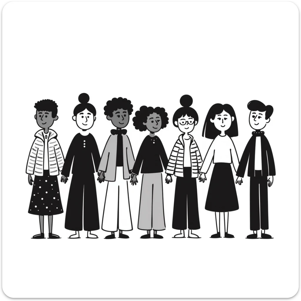 Hand-drawn illustration of people of different skin colors and ethnicities holding hands in a line, symbolizing integration and unity sticker