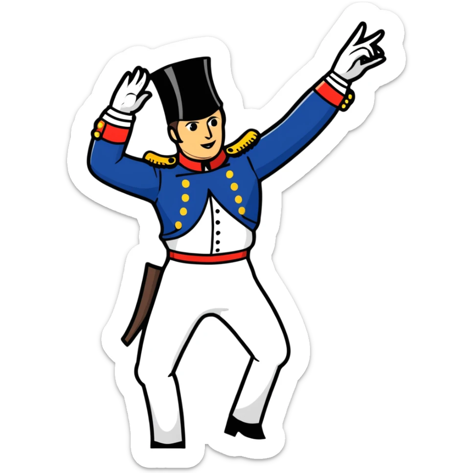 Napoleon Bonaparte in his iconic military uniform and bicorne hat dancing the Macarena dance sticker