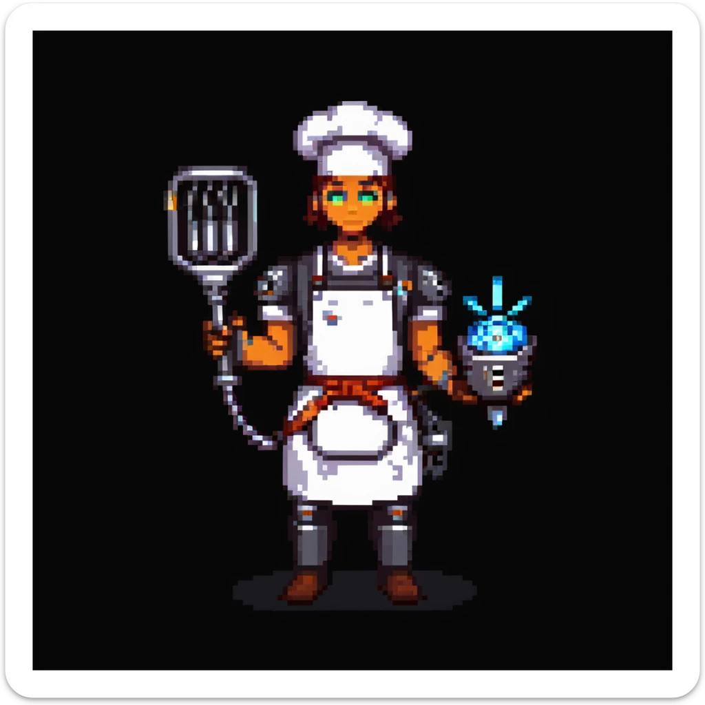 Portrait of a cyborg baker with a mechanical arm holding a whisk, glowing eyes, chrome apron, skeuomorphism style sticker