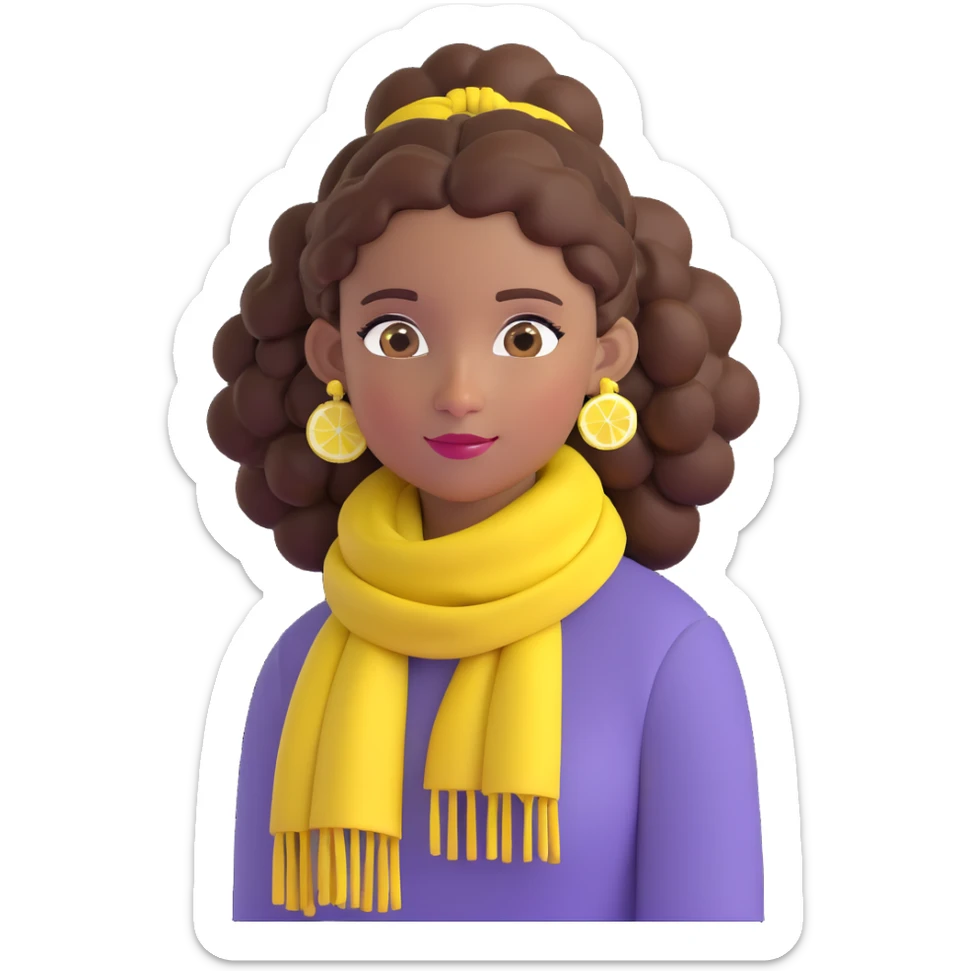 brown-skinned girl emoji, bohemian style, long curly brown hair up, lemon yellow scarf, round earrings sticker