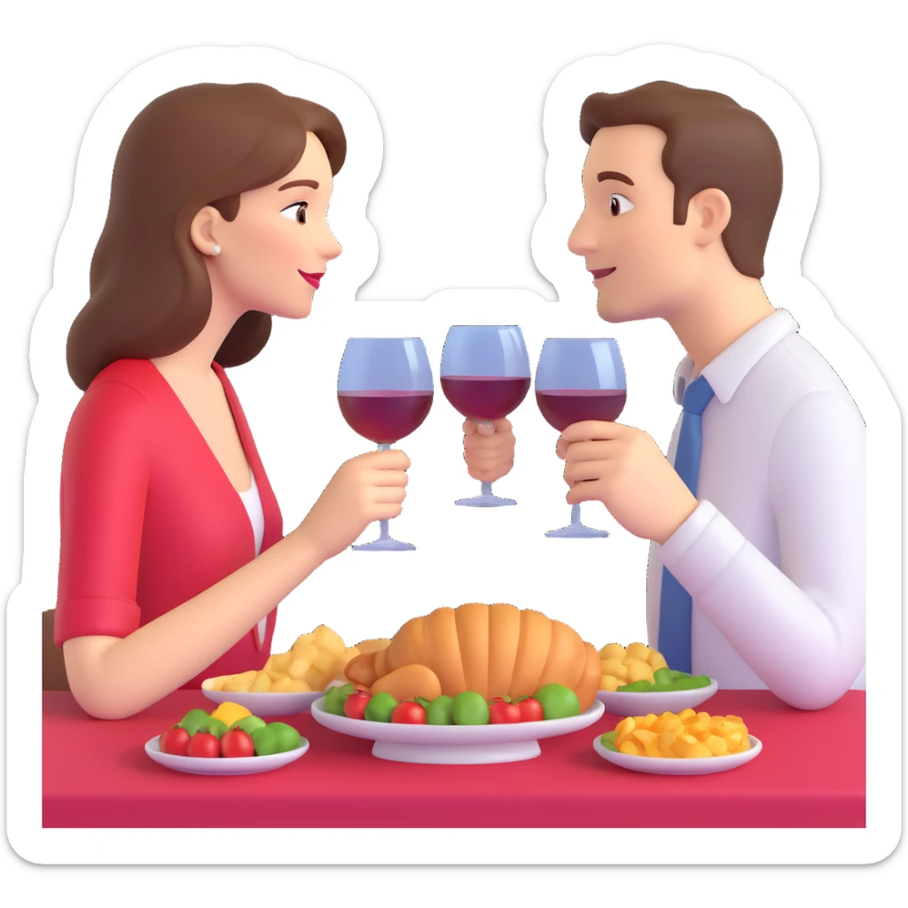 3D emoji style, one man and one woman facing each other holding wine glasses, a table with food in front of them, bright and joyful atmosphere, no background sticker