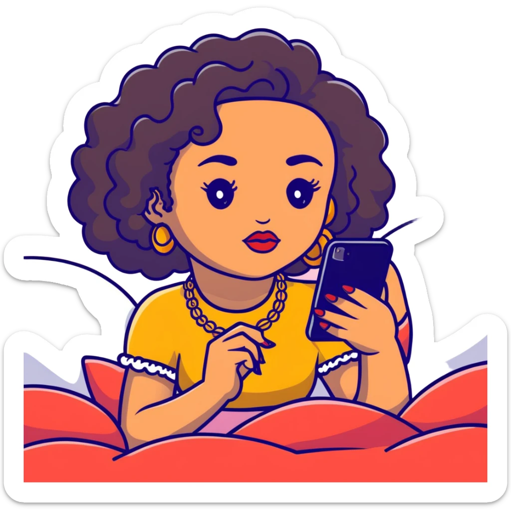 Brown-skinned teenage girl with curly black hair lying on bed looking at smartphone, heavy makeup, big lips, crop top, gold jewelry, choni style outfit sticker