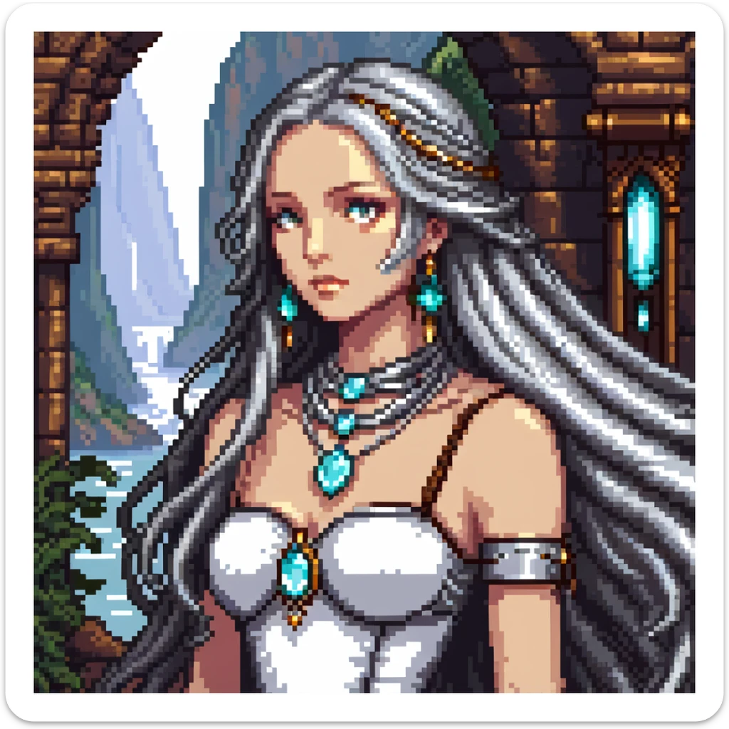 Beautiful girl with metal jewelry and long flowing hair in fantasy setting sticker