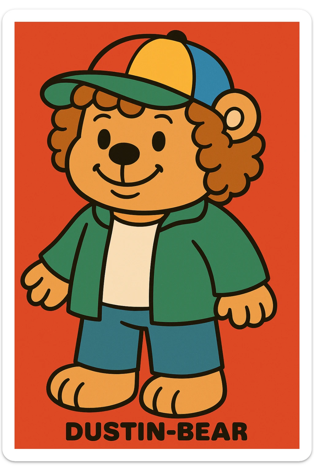 Dustin-bear wearing a white t-shirt, green jacket, colorful cap, curly hair, friendly smile, in Bobbie Goods style. sticker