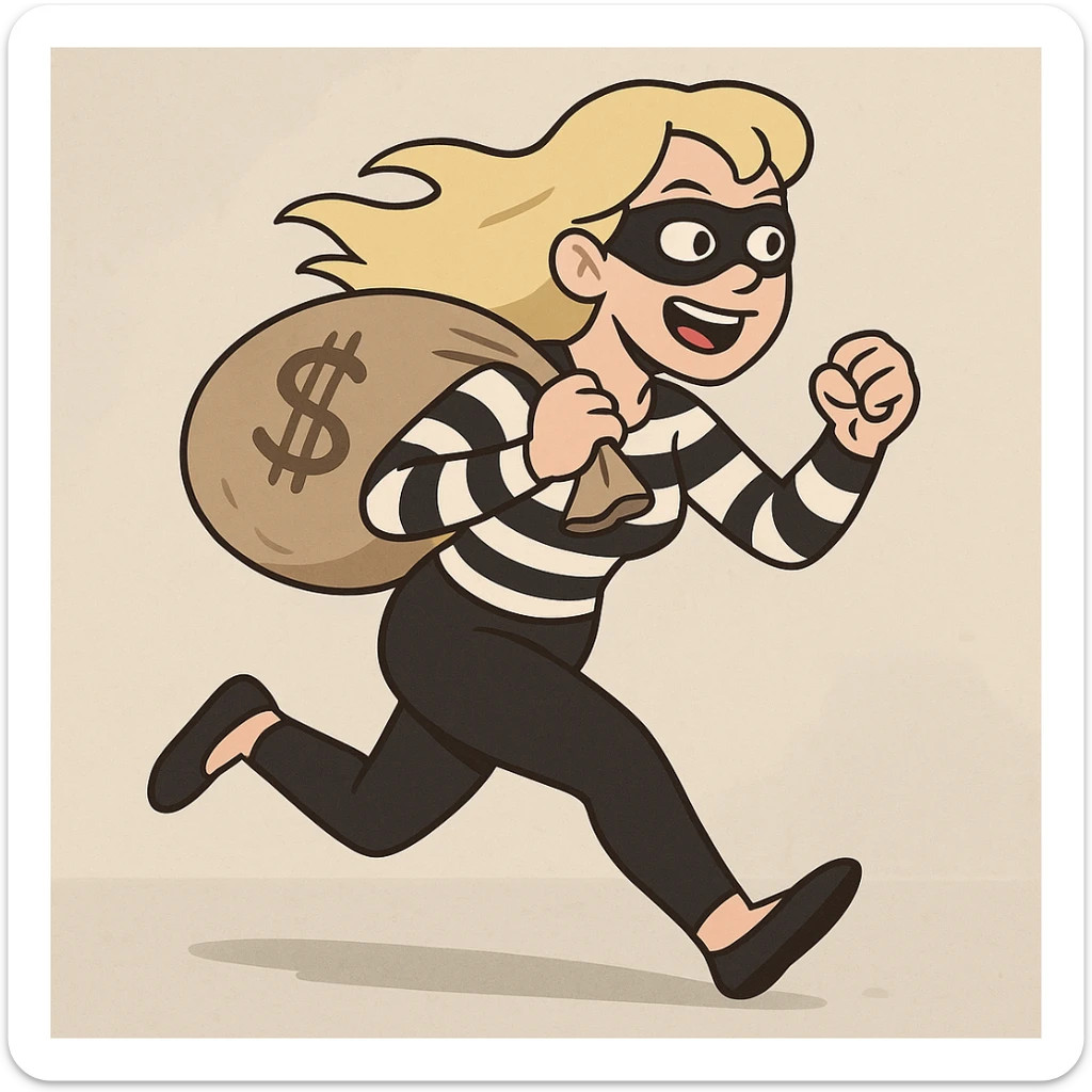 blonde woman in a classic robber outfit, running with loot, flat toon style sticker