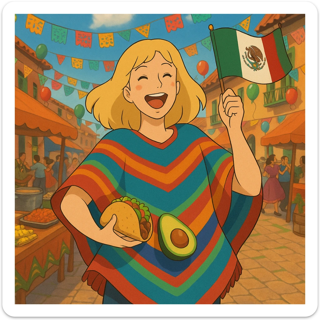 cartoon of a tall blonde woman in a colorful poncho, smiling, holding a taco and avocado, waving a Mexico flag, dancing in a festive street party background with food and decorations sticker