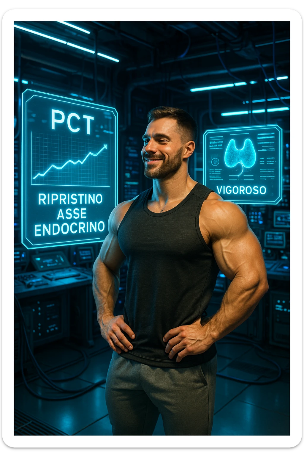 "Un uomo bodybuilder (30-35 anni) in un laboratorio biohacker futurista, circondato da ologrammi che mostrano il ripristino vigoroso del suo asse endocrino dopo una PCT di successo. in italiano sticker