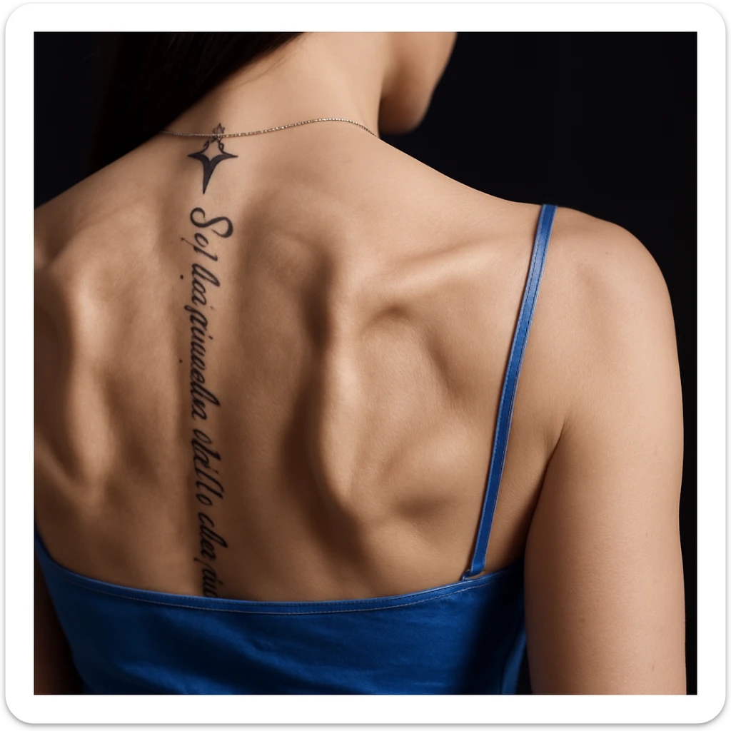 Add detailed scapulae on the woman's back in a realistic style with lighting that highlights the bone structure. The image should emphasize the 3D form and texture of the scapulae. sticker