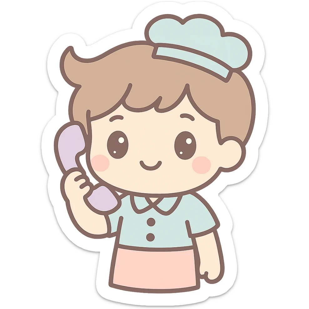 Make the waiter answer the phone, picture taken from the waist up, same kawaii chibi anime style, flat pastel colors, thick outlines, simple cute features, transparent background. sticker