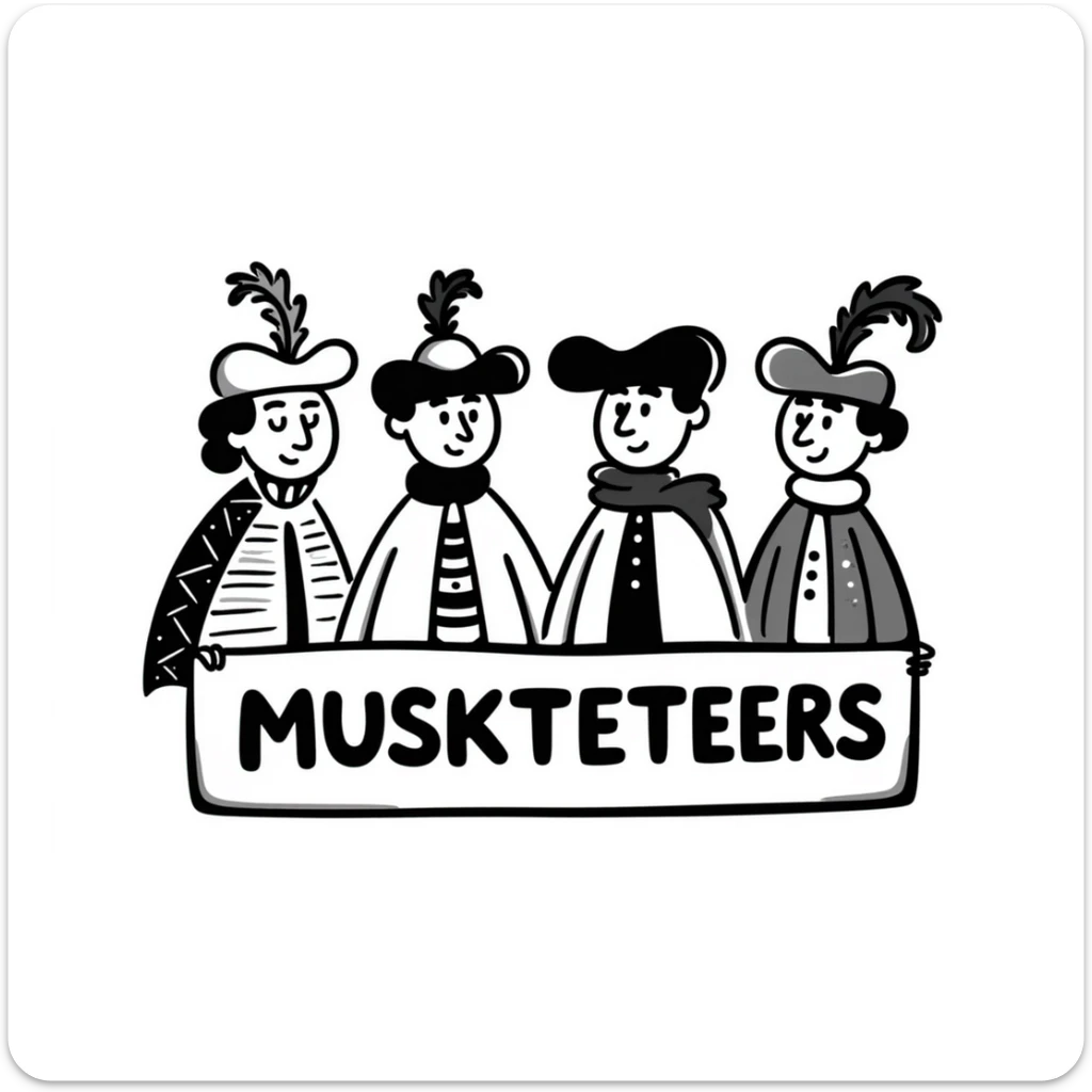 Cute cartoon of four musketeers with feathered hats and capes with the text "4 Musketeers" sticker