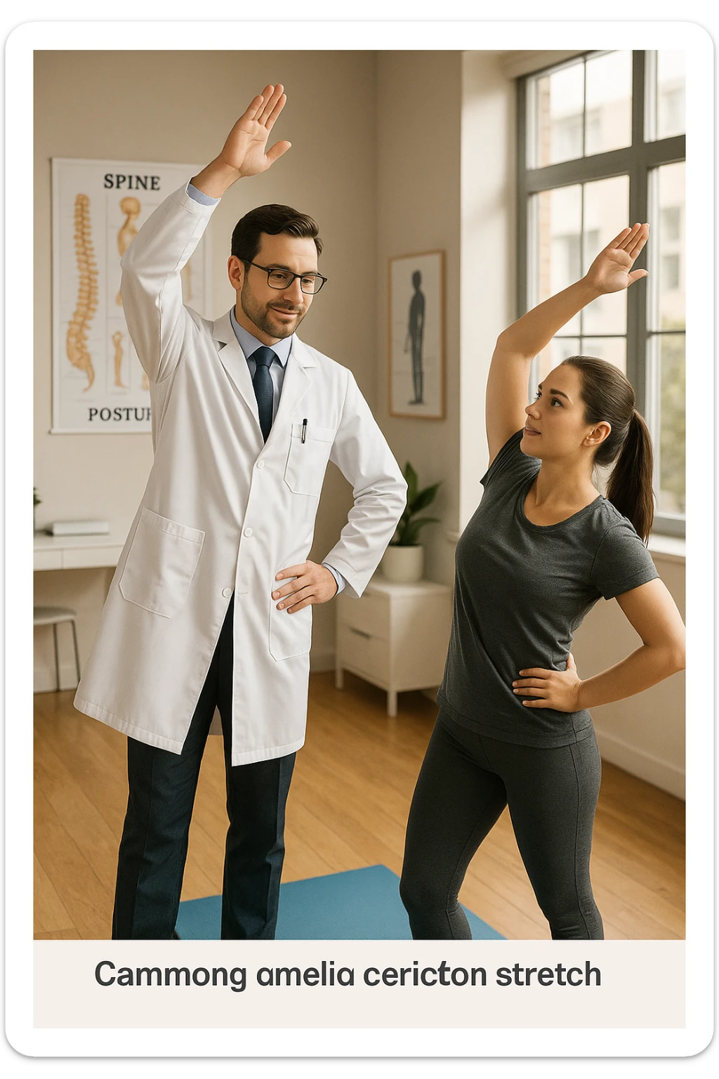 A realistic, cinematic illustration of a professional doctor in a white coat inside a bright, modern medical office, demonstrating a simple stretching exercise to a patient for improving posture. The doctor, calm and encouraging, shows a gentle spinal extension stretch while explaining its benefits for posture and spinal health, with an anatomical poster of the spine and posture alignment in the background. The scene includes a yoga mat, clean wooden floors, and natural light streaming through large windows, creating a warm, health-focused atmosphere. The patient, in comfortable activewear, watches and mirrors the stretch, emphasizing the preventive and therapeutic role of stretching for posture correction under medical guidanc sticker