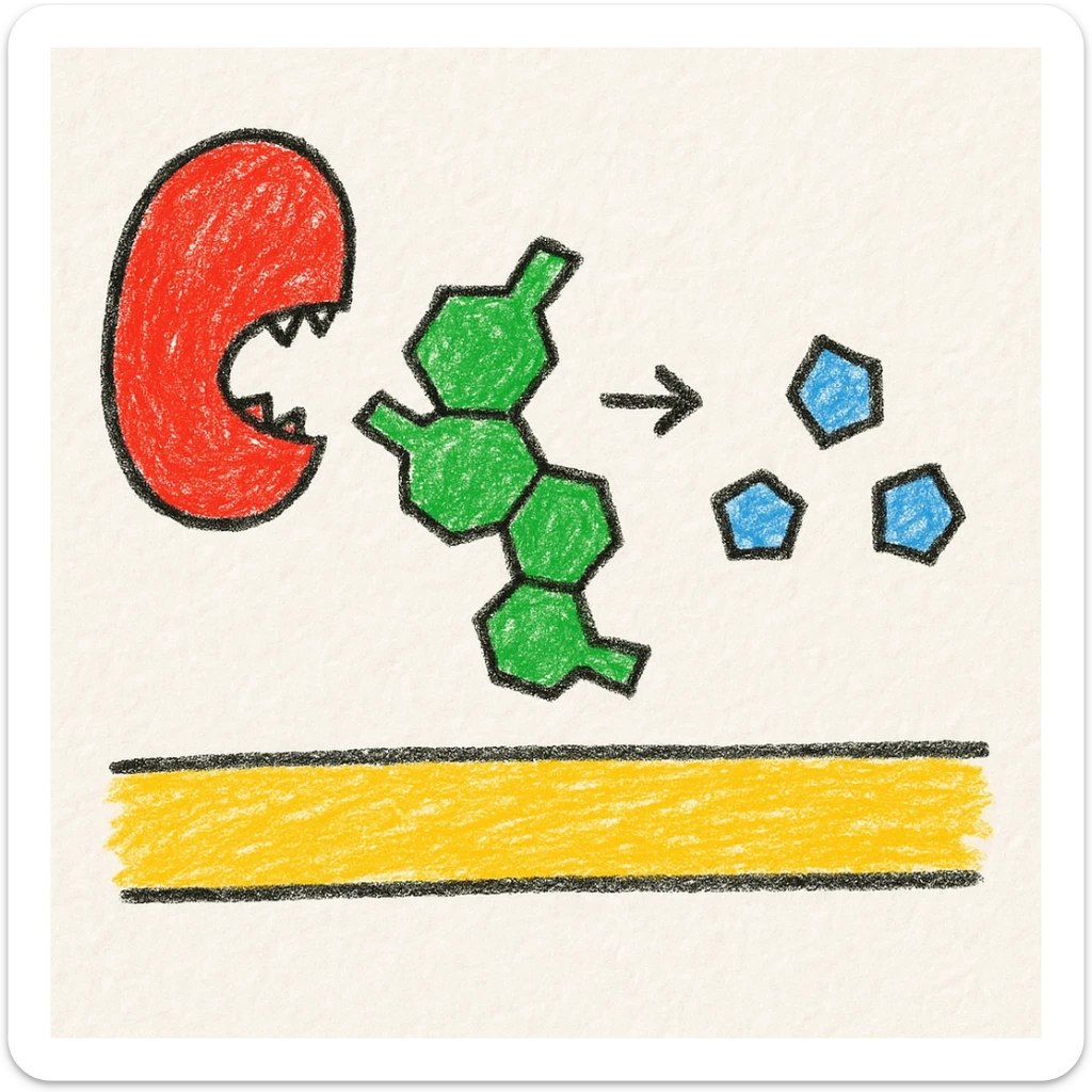Ultra-detailed illustration of enzyme digestion: Red amylase breaking green starch into sugars near a yellow cell membrane. Clean white background, no text. Scientific but simple sticker