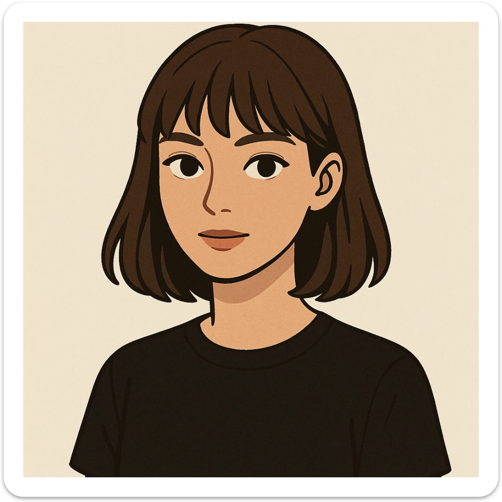 female character with brown hair and bangs, brown eyes, black shirt, minimal background, modern style sticker
