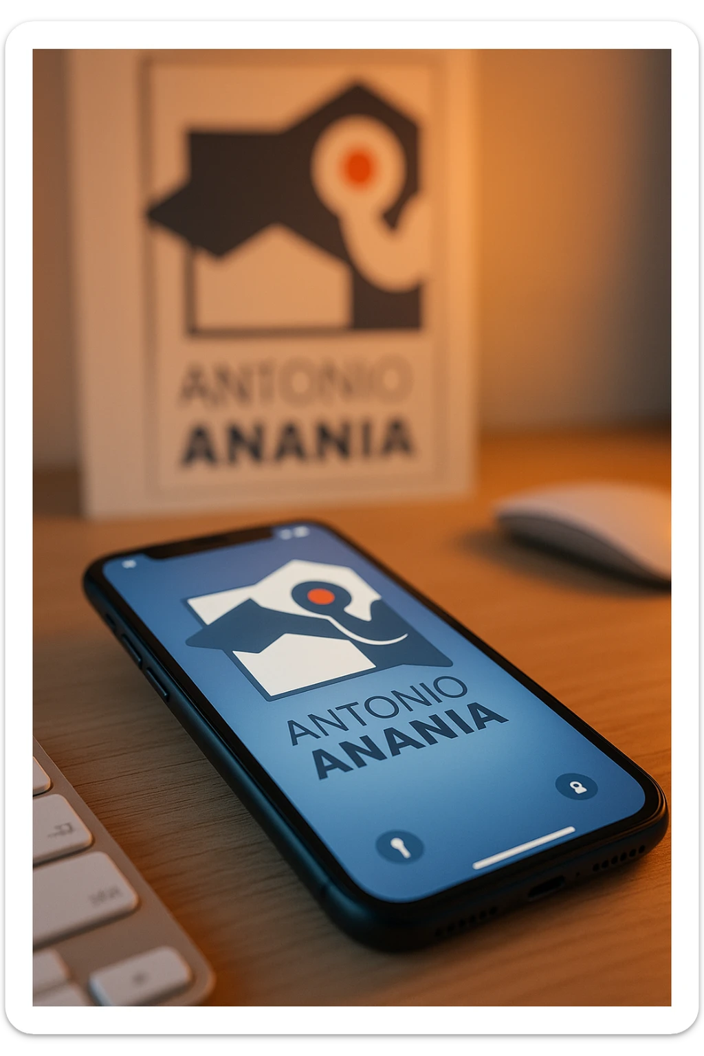 A photo of an iPhone on the desk with the logo of "Antonio Anania" on its screen, The phone sits atop a desk with a blurred with the logo in the background that suggests work environment. A faint glow from above casts gentle shadows across the surface of each object, creating depth and highlighting their textures sticker
