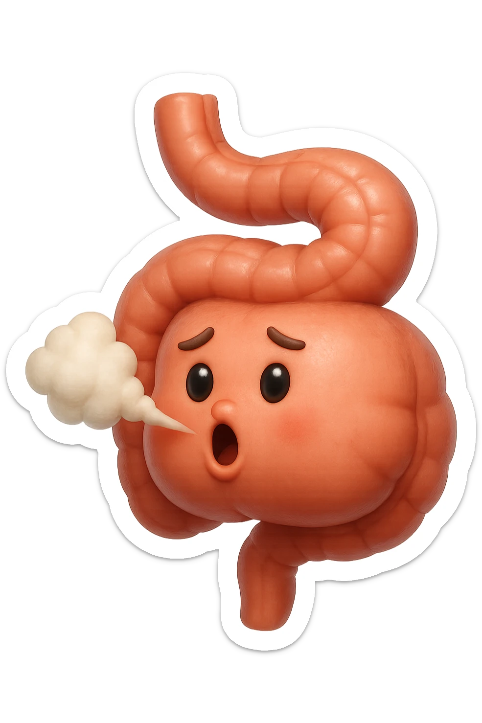 emoji stile iphone di un intestino che ingoia una nuvoletta di aria ben visibile e gli si gonfia la pancia, non fargli il naso, iperrealistico 4k sticker