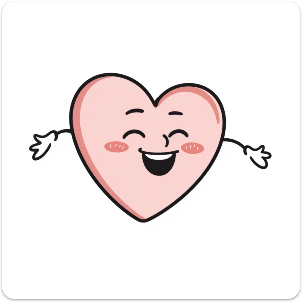 funny children's doodle of a heart with a big smile and tiny arms, pastel colors sticker