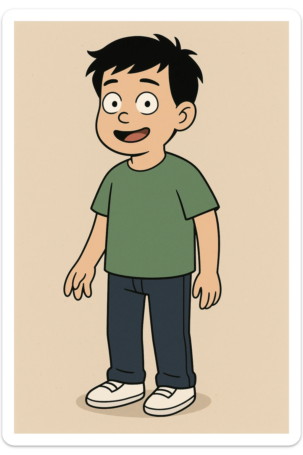 Chinese boy black hair green t-shirts dark blue jeans white shoes  sticker