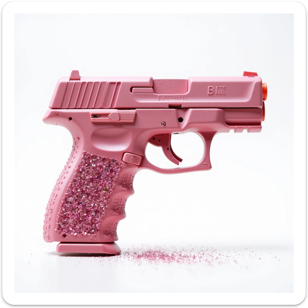 Add sparkling glitter details to the photorealistic pink heart pistol, keeping the glossy finish and white background. sticker