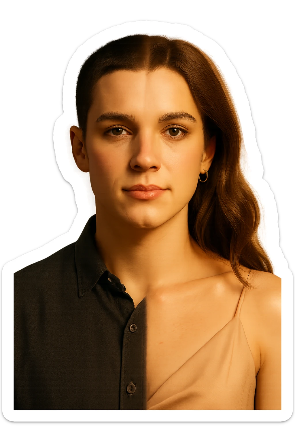 a split image—on the left, a man with short hair and masculine clothing; on the right, the same person with longer hair, makeup, and feminine attire. In the center, a gentle gradient blends the two sides, symbolizing the ongoing process of gender transition. The lighting is warm and the atmosphere is empowering. sticker