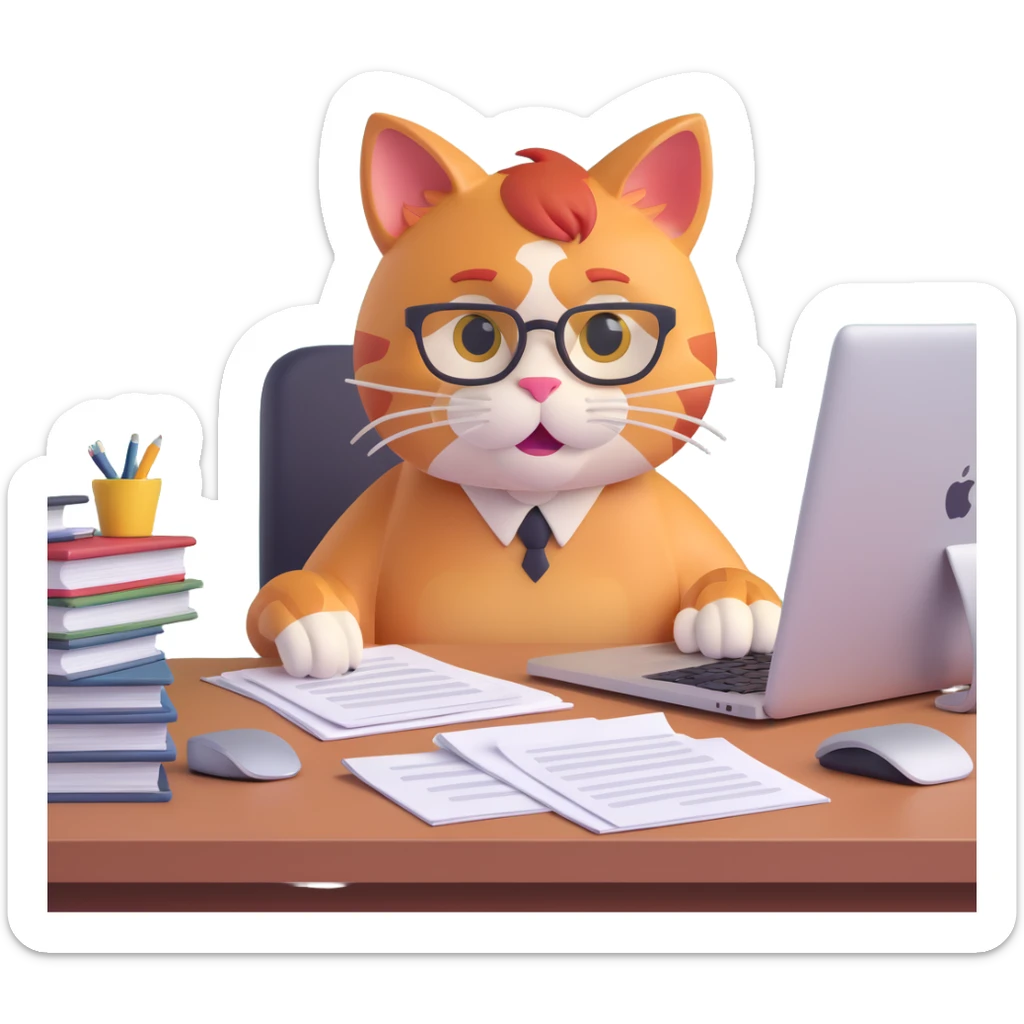 redhead cat at a desk with a MacBook, stacks of papers, looking stressed but cute sticker
