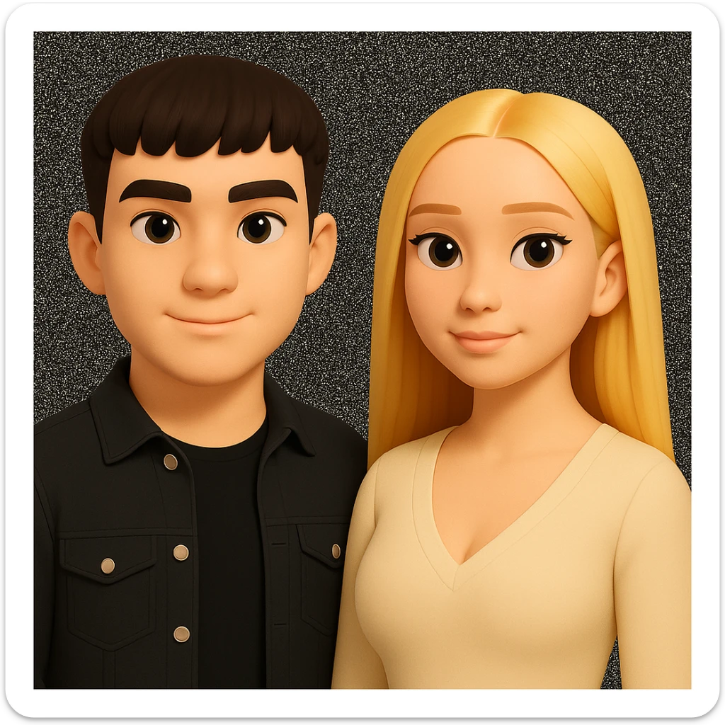 Slightly increase the volume of the upper body of the girl, spread them far apart from each other, make the skin color the same for both characters, keep the cartoonish 3D style as in the reference image. sticker