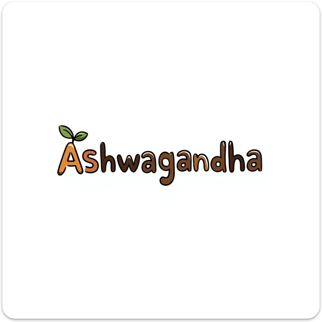 The word "Ashwagandha" hand-drawn in a warm earthy color palette with browns, oranges, and subtle greens. Simple doodle style with minimal decoration. sticker