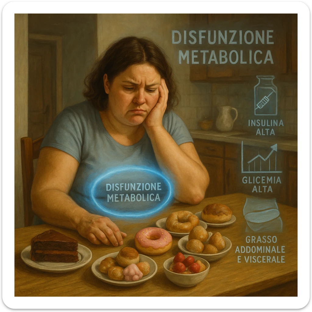 realistic surreal symbolism; woman late 30s, slightly overweight, sitting tired at kitchen table with sweets in front; frustrated expression; blue halo around abdomen (metabolic dysfunction); transparent icons: high insulin, high blood sugar (graph with upward arrows), fat on belly and hips; writings in Italian sticker