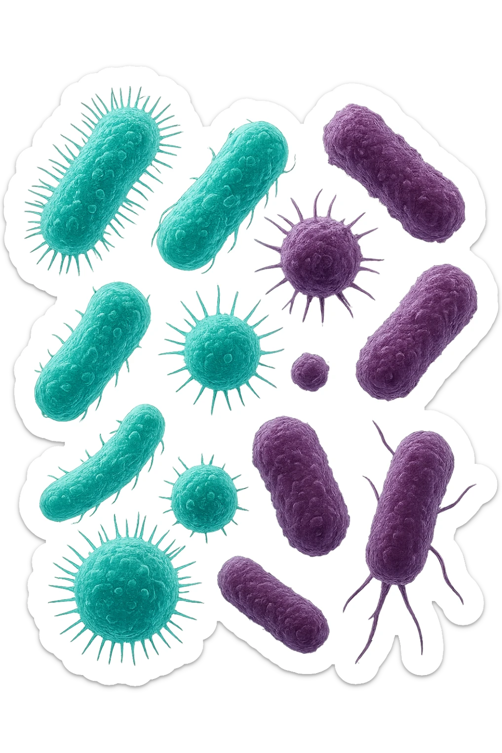 5 BATTERI BUONI E 5 BATTERI CATTIVI FLUTTUANO IN ARIA, I BATTERI BUONI FALLI TURCHESI, I BATTERI CATTIVI FALLI VIOLA, IPERREALISTICO 4K, NON DISEGNATO sticker