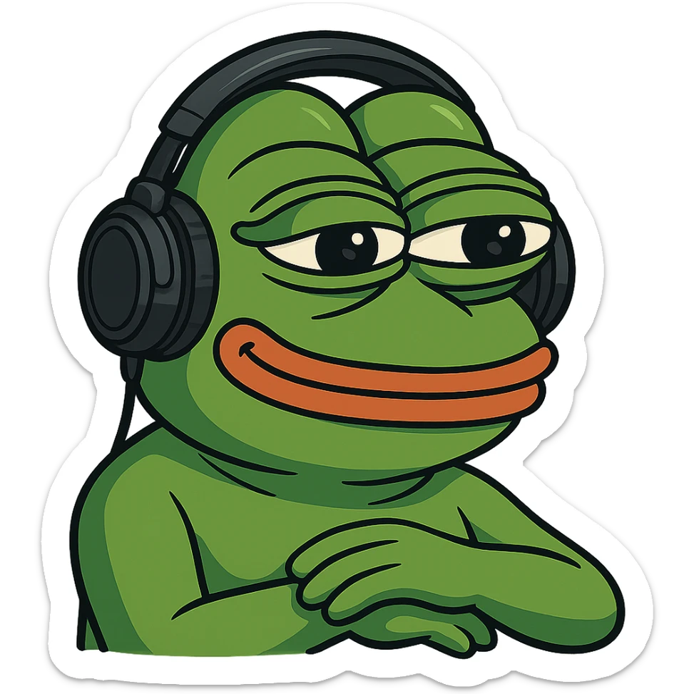 pepe the frog wearing headphones, relaxed and detailed, gpt-image style sticker