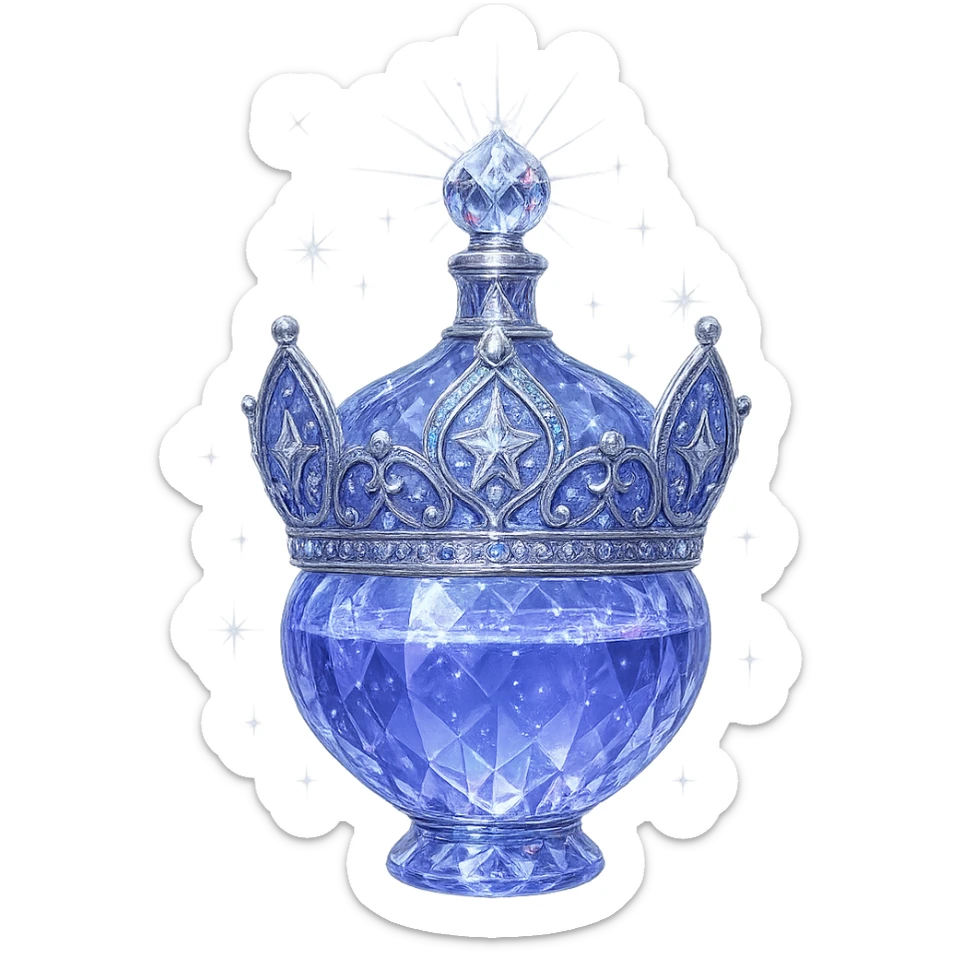 išskirtinai prabangus eliksyro buteliukas, aiškiai karūnos forma, spalva #7986cb, daugiasluoksniai holografiniai ir sidabriniai ornamentai, kristalo tekstūra, daug magiškų švytėjimų ir žėrėjimo, šviesos spinduliai, labai mažas kaklelis, dailiai sujungta, užapvalinta ir uždara apačia (ne plokščia ir ne atvira kaip stiklinės), skaidrus fonas, buteliukas aiškiai plūduriuoja ore, be pagrindo ar šešėlio, nestovi, modernus, kolekcijai tinkamas, ypatingai gražus, siluetas aiškiai primena karūną sticker