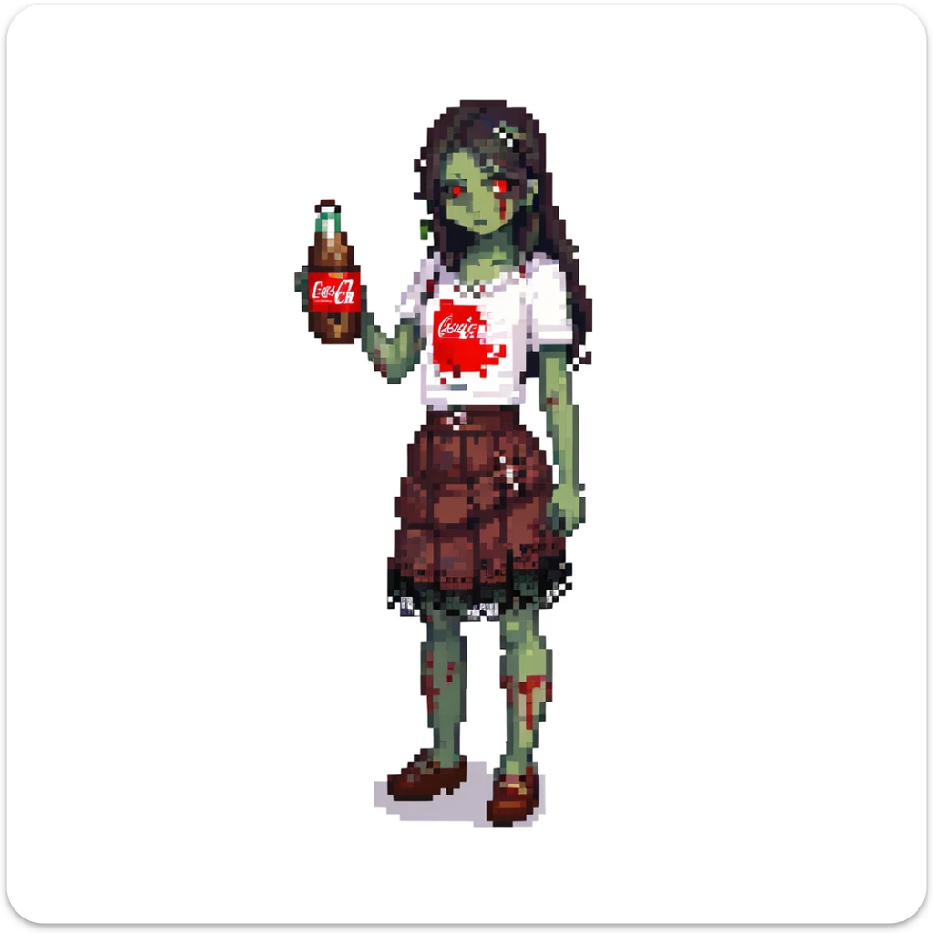 Generate an Asian girl, dark-haired, she's a zombie, wearing a skirt with lace, slightly torn,

Holding a bottle of Coca-Cola in her hands.

Background - a dark street in the style of Gotham City. sticker