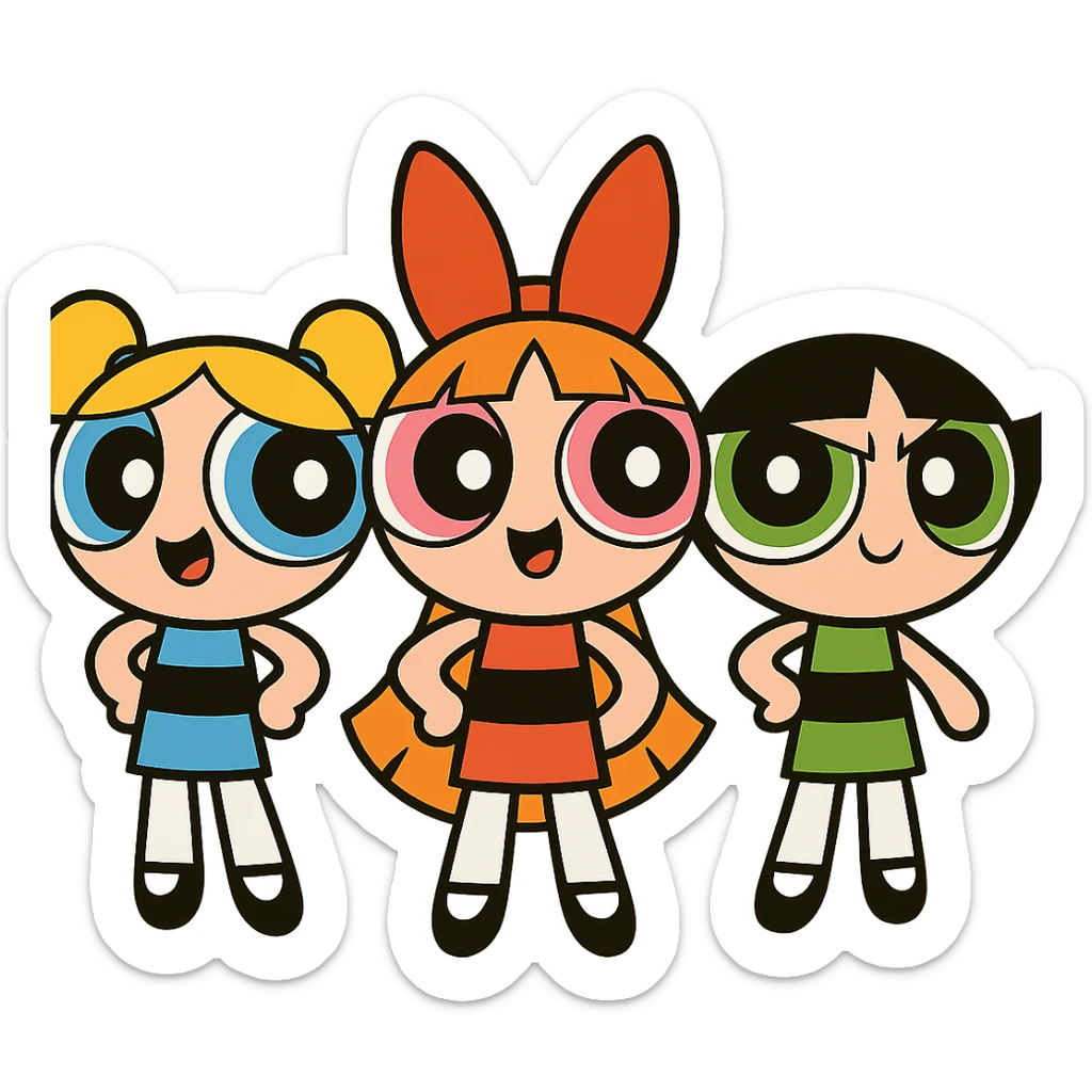 three animated girls with round heads and big eyes, inspired by the Powerpuff Girls, playful style sticker