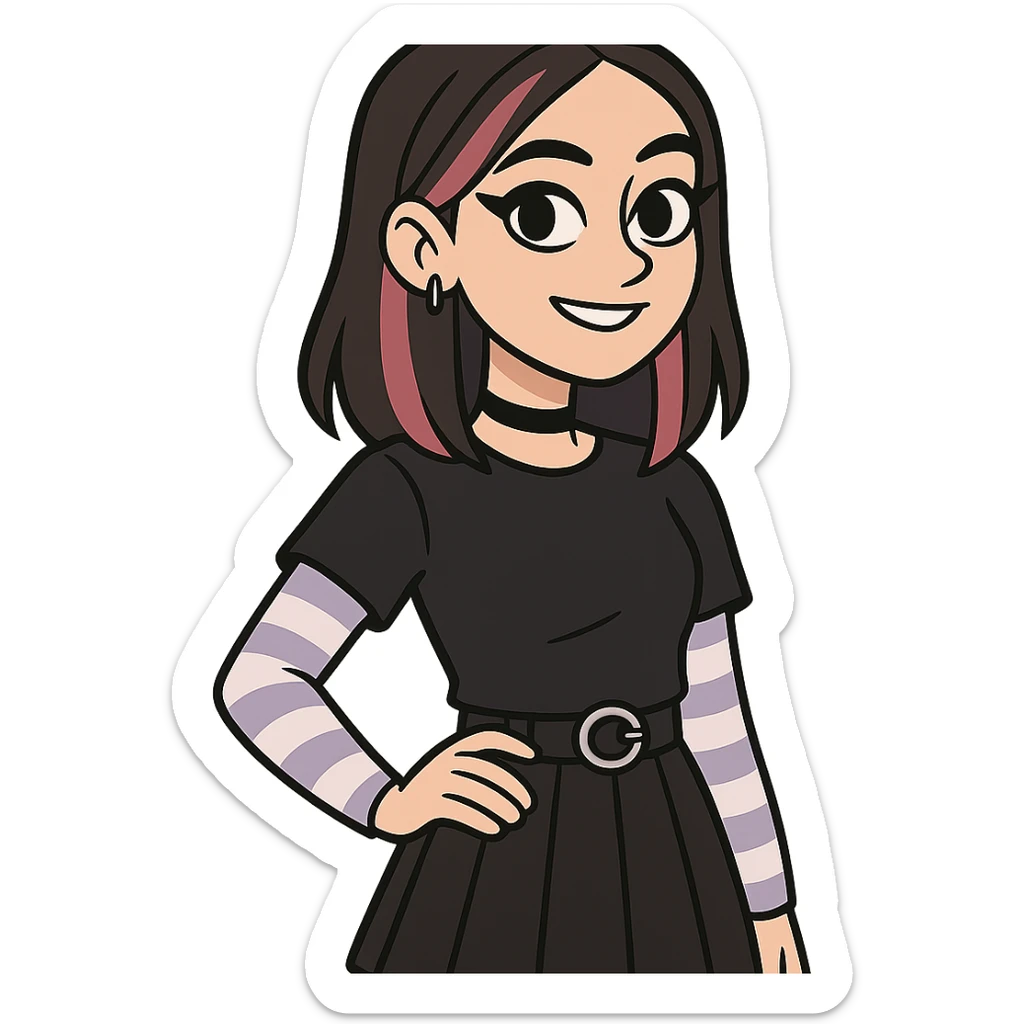 girl with clear skin, bright eyes, healthy hair, confident smile, E-girl style, dark eyeliner, dyed hair streaks, trendy outfit sticker