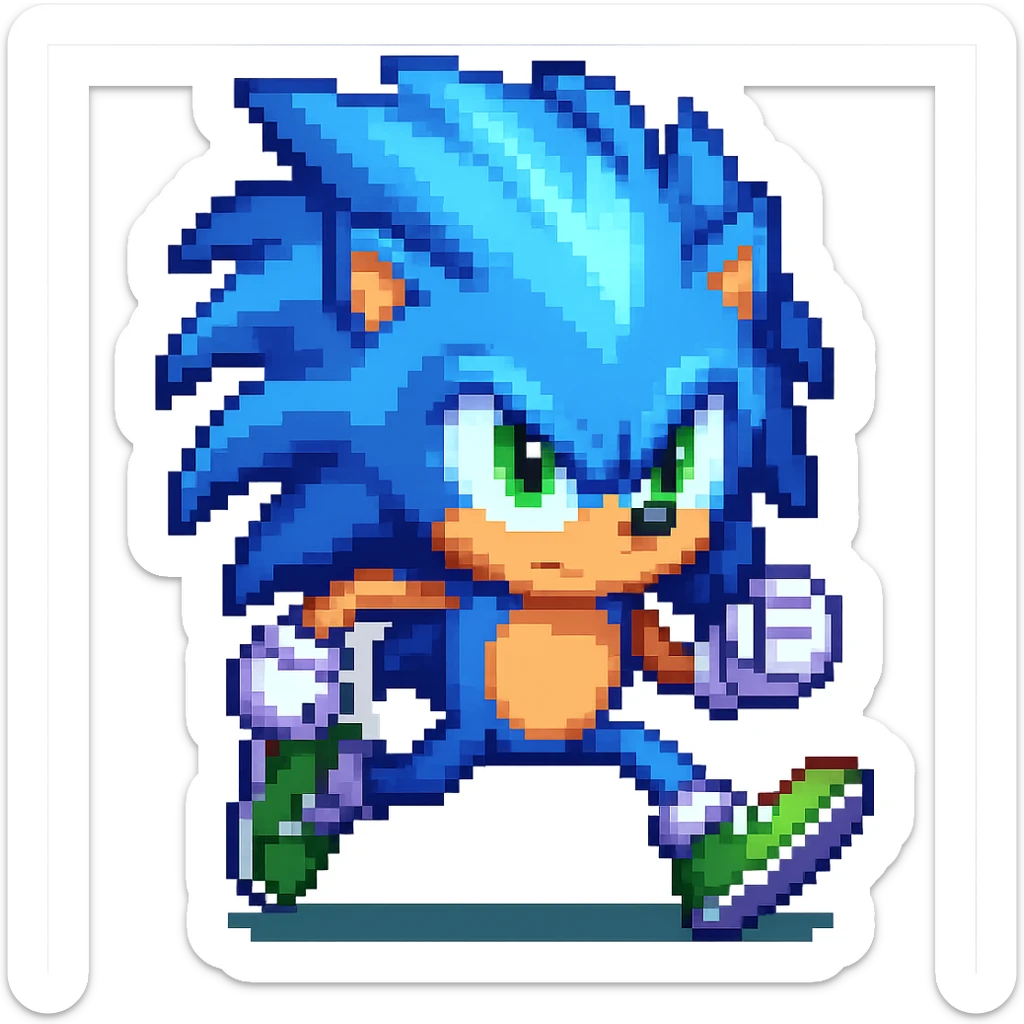 Change Sonic’s shoes to green sneakers with white laces in pixel art style, no background. sticker
